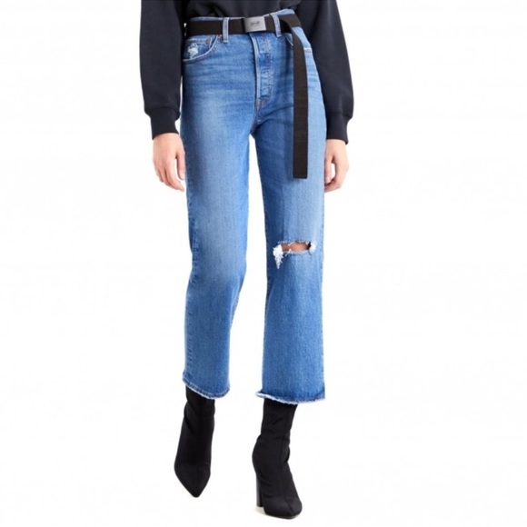 Levi’s Ribcage Ankle Straight Leg Ripped High Waist Jeans Jive Beats - Picture 2 of 12